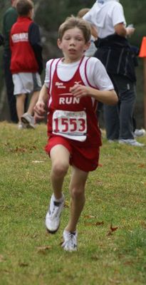  Timothy Davis (Team RUN) had a strong race in winning the Bantam Boys race on The Farm (courtesy Mark Coddaire)
