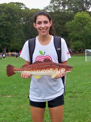 Individual winner Katie Matthews, sitting out the season at Boston U, with the Terriers' Codfish Bowl team trophy. (Photo by Masha Kuo)