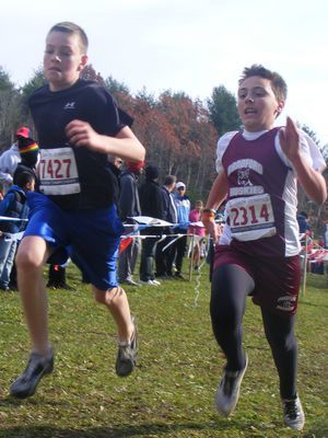 Jacob Meier and Ethan Randall head to the finish in the Midget Boys 3K (Vera Vaitones photo)