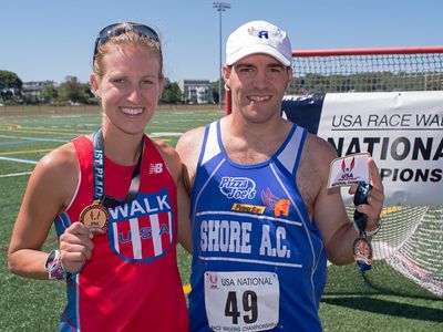 Maria Michta-Coffey and Michael Mannozzi won the National One Hour Race Walk in Gloucester (Photo: J.S.McElvery)